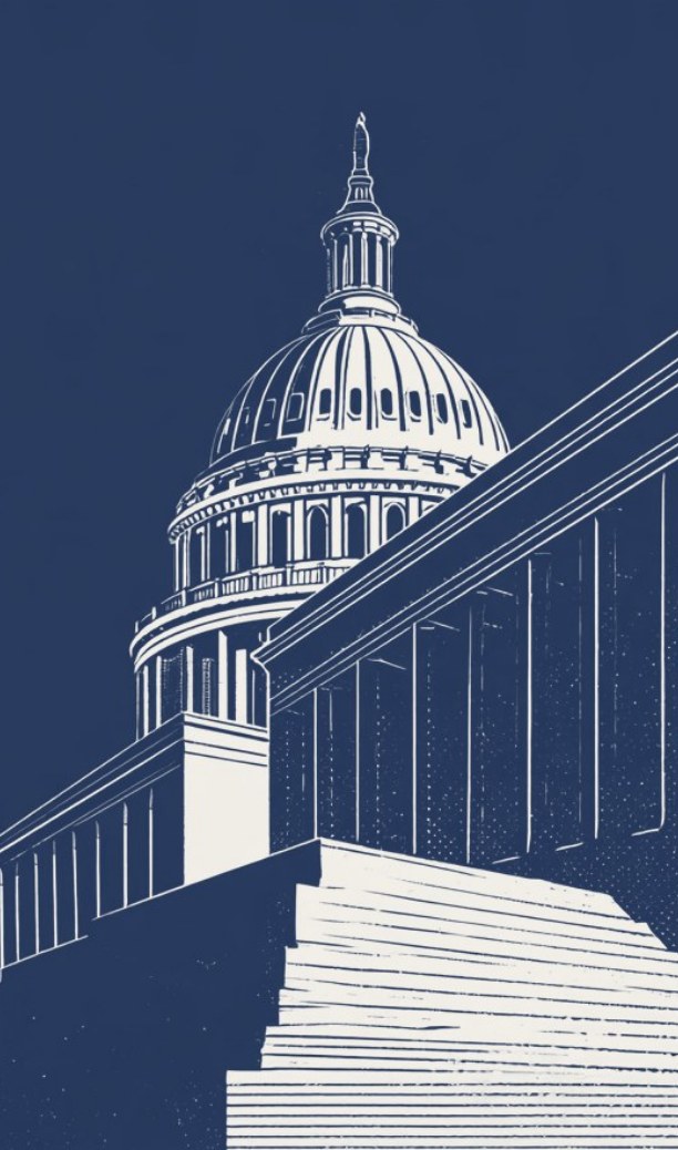 Engraved illustration of the US Capitol dome and steps