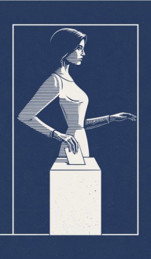 Engraved illustration of a voter casting a ballot